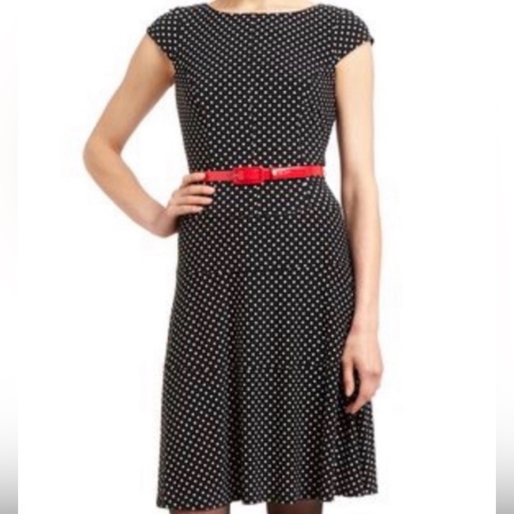 Womens Size 6 Anne Klein Polka Dot Black & White Dress W Red Belt‎